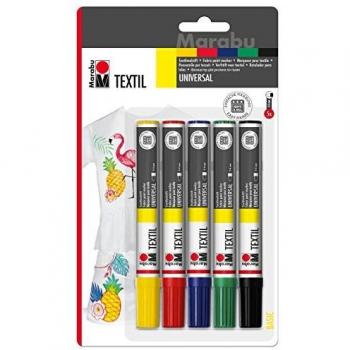 Set de 5 rotuladores para tela Marabu, punta de 2-4 mm, a base de agua, para tejidos claros