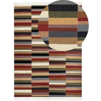 Alfombra Kilim Multicolor de Lana 160 x 230 cm Tejida a Mano con Patrón Geométrico y Borlas