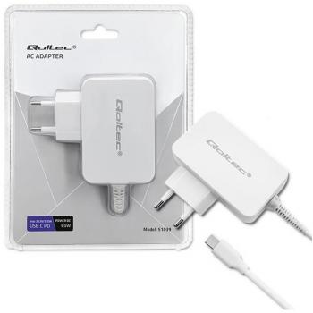 Adaptador de corriente Qoltec 65W USB tipo C PD 5-20.3V 2-3.25A Blanco