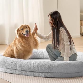 VEVOR Large Human Dog Bed with Washable Faux Rabbit Fur Cover and Egg Orthopedic Foam, 72x48x10