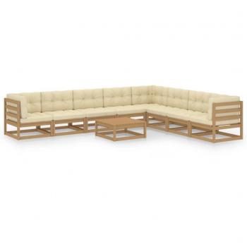 Set de muebles de jardín 9 piezas con cojines en color marrón miel y fabricado en madera de pino