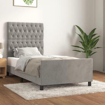 Cama solar sin colchón de terciopelo gris claro 100x200 cm con estructura de cama y cabecero en terciopelo gris claro
