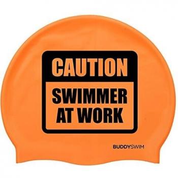 Gorro de Natación BuddySwim Caution Swimmer At Work, Gorro de silicona naranja, diseño llamativo para mayor visibilidad, material resistente al agua y duradero, ajuste cómodo y seguro para nadadores