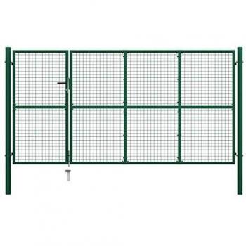 vidaXL Puerta Valla Metálica Jardín Acero Anticorrosión Verja Llave Cerradura 2 Paneles Rejilla + 2 Postes Integrados Vallado Cercado Verde 350x150 cm