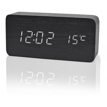 Reloj Digital Despertador de Madera con Control de Sonido y LED Brillo de la Pantalla（Puede mostrar el año, mes, día, hora, minuto y temperatura interior）color negro