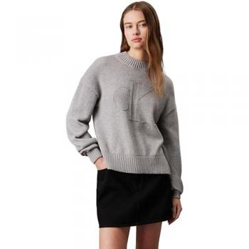 Calvin Klein Jeans Women's Gray Intarsia Knit Pullover Sweater with Logo, Size L