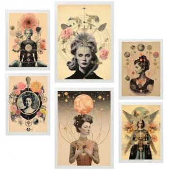 Set de 6 Pósters Collage Surrealista Floral Esotérico Místico para Decoración de Paredes del Hogar (A3 y A4, Sin Marco)