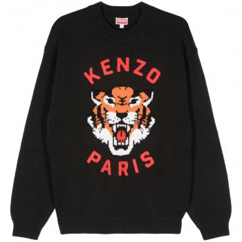 Kenzo Men's Black Lucky Tiger Embroidered Wool Sweater - Size Small