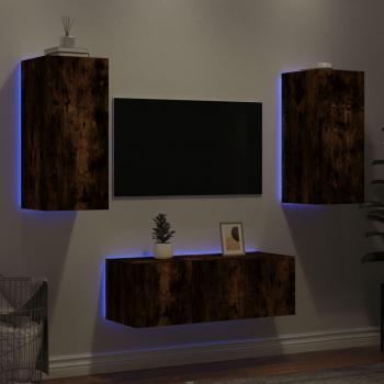 Mueble de TV pared con LED 4 piezas madera ingeniería roble ahumado marrón