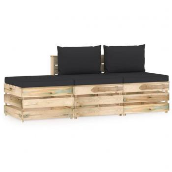 Juego de muebles de jardín 3 piezas con cojines verdes y estructura de madera impregnada