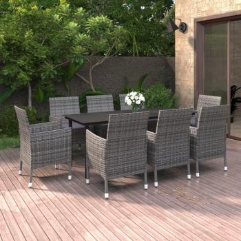 9-Piece Outdoor Dining Set with Cushions in Poly Rattan and Glass