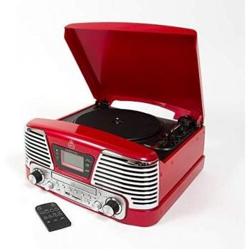 GPO Memphis Equipo Reproductor de vinilos - Tocadiscos de Vinilo, CD, Radio FM, USB - Rojo