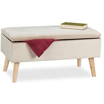 Baúl Almacenamiento Terciopelo Acolchado 40L con Patas de Madera, Asiento y Dimensiones 41x80x40 cm - Crema