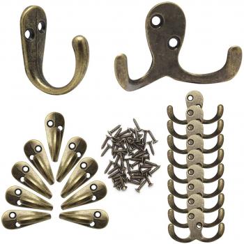yotako bronce rústico pared ganchos, 10 x gancho doble Prong + 10 x gancho perchero de pared w/50 x tornillo, gancho para colgar abrigos para colgar de pared Metal decorativo para entrada clave sombreros taza ropa gancho para puerta