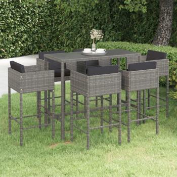 7-Piece Grey Poly Rattan Garden Bar Set with Cushions