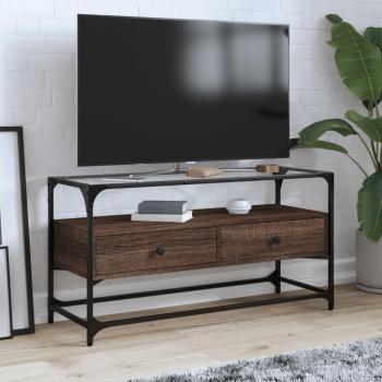 Mueble TV de cristal y madera de ingeniería marrón roble 98x35x51 cm
