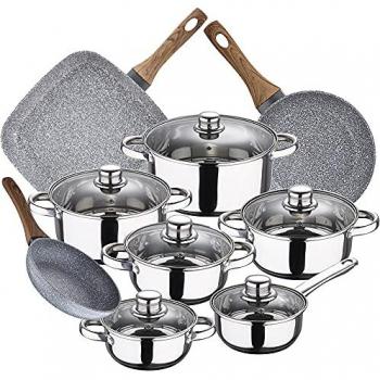 Batería de cocina 12 piezas SAN IGNACIO Cassel en acero inoxidable con juego de sartenes (18/22 cm) y grill 28x28 cm SAN IGNACIO Daimiel en aluminio forjado