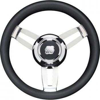 UFLEX MOROSINI 13.8 INCH STEERING WHEEL - BLACK POLYURETHANE W/STAINLESS STEEL SPOKES & CHROME HUB