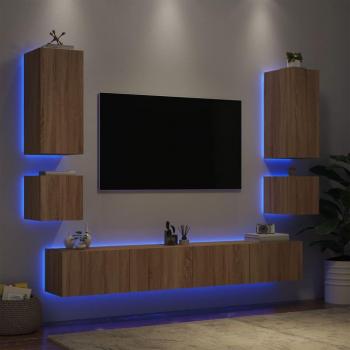 Muebles de pared para TV de 6 piezas con luces LED en roble Sonoma