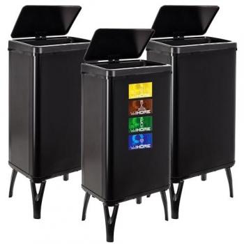 Cubo de Basura Inteligente Wellhome de 50L, set de 3 unidades, dimensiones 35,5x26x83,5 cm, color negro con etiquetas magnéticas