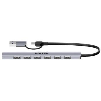 Hub Unitek 7 en 1 USB-A/C con 7 puertos, velocidad de 5 Gbps, Docking Station y Hub USB en color gris