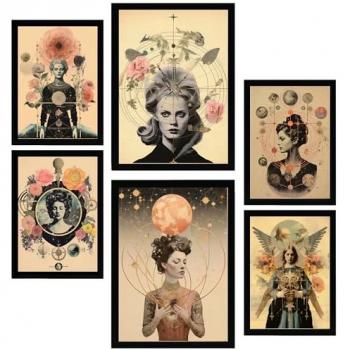 Set de 6 Pósters Collage Surrealista Floral Estilo Esotérico Místico para Decorar Paredes del Hogar (A3 y A4, Sin Marco)
