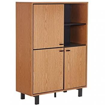 Aparador Retro de Madera Clara con Acabado de Roble y Madera de Ingeniería Negra, 3 Gabinetes y 2 Estantes Paramount