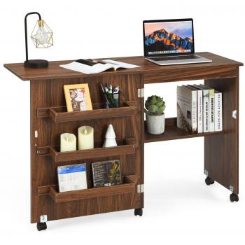 Mesa Plegable para Coser Costway con Carro y Repisas, Ruedas, Salva Espacio, Color Marrón Oscuro, Dimensiones 117 x 40 x 77 cm
