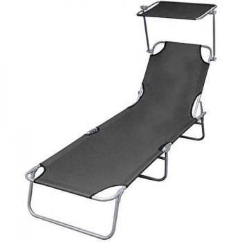 vidaXL Foldable Sunlounger with Canopy Grey Outdoor Daybed Recliner Chair