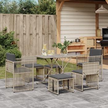 Set Comedor Jardín 7 Piezas con Cojines de Ratán Sintético Gris Claro