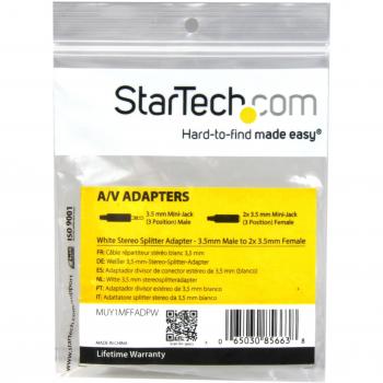StarTech.com MUY1MFFADPW - Adaptador Mini Jack para Auriculares, Delgado, Blanco