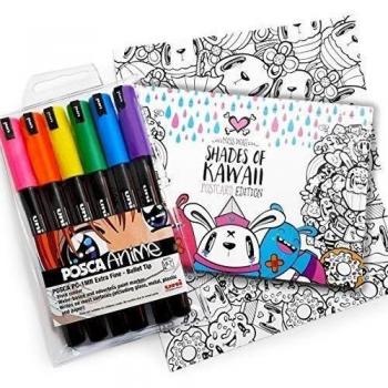 Exclusivo tonos de Kawaii postal libro para colorear por Miss Wah - con Posca PC-1MR - Cartera de 6 marcadores de pintura