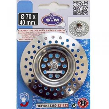 S&M Rejilla acero inoxidable grande para desagüe de fregadero de cocina y/o baño con asa Ø70 x 40 mm