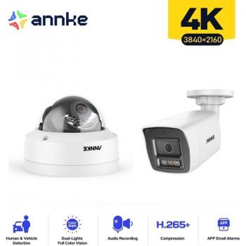 Cámara de vigilancia 4K interior/exterior con detección de personas/vehículos, visión nocturna a color y acceso remoto, 2 piezas (1 dome + 1 bullet)