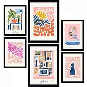 Set de 6 Pósters Minimalistas en Colores Pastel con Marcos Negros para Decoración de Interiores - Paisajes y Naturaleza, Tamaños A3 & A4
