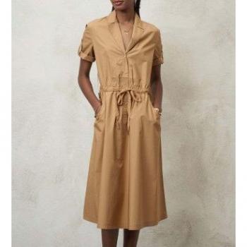 Vestido Midi De Manga Corta En Popelina Camel Con Cinturón