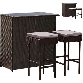 3-Piece Outdoor Rattan Wicker Bar Set with 2 Cushion Stools - Gray/White