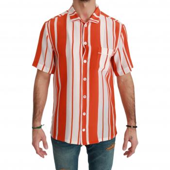 Dolce & Gabbana Elegant Striped Silk Short Sleeve Shirt - White & Orange, Size XS