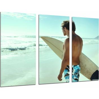Set de 3 cuadros decorativos en madera - Hombre en el mar con tabla de surf (62 x 29 cm) - Impresión fotográfica moderna