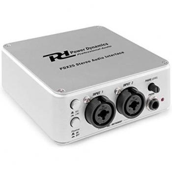 Power Dynamics PDX25 interfaz de audio estéreo, interfaz analógico-digital, 2 entradas XLR/2 entradas Jack de 6,3 mm, salida RCA, puerto USB, entrada de auriculares