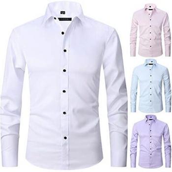 UHUKGFR Camisa elástica Antiarrugas para Hombre, Manga Larga, Ajuste Regular, Botones, Informal, para