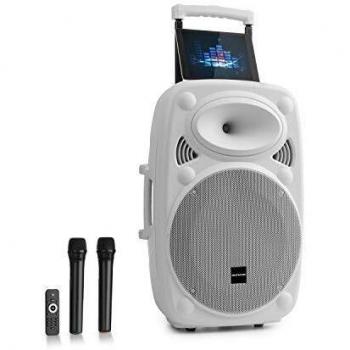 auna Pro Streetstar 2.0 - Altavoz Grande, Altavoz con micrófono, Altavoz Bluetooth con micrófono, USB, SD, MP3, AUX, Batería, LED, 2 micrófonos UHF, Mando a Distancia, Subwoofer 12, 800W, Blanco