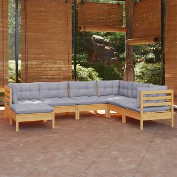 7-Piece Solid Pine Garden Lounge Set with Gray Cushions