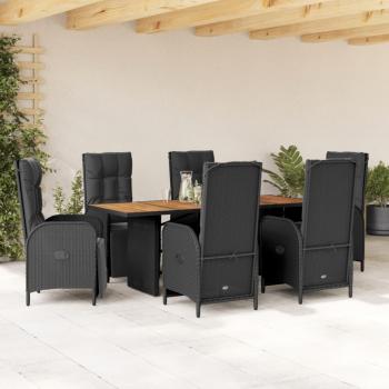 7-Piece Black Poly Rattan Garden Dining Set with Cushions