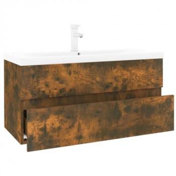 Mueble de baño con lavabo de madera contrachapada en color roble ahumado, incluye armario de almacenamiento colgante suspendido, estante inferior y cajón