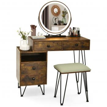 Walnut Modern Vanity Table Set with LED Mirror and Storage Cabinet
