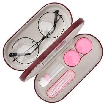 MoKo 2 en 1 Estuche de Gafas Multifuncional, Caja Portátil de Lente de Contacto con Espejo, Funda de Anteojos de PU Impermeable para Almacenar Gafas del Sol, Gafas de Lectura, Lentes de Contacto, Rojo
