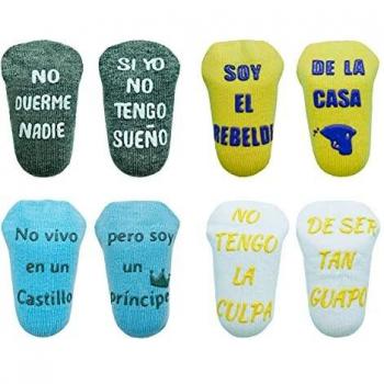 Cincobebé Juego de Calcetines Antideslizantes para Bebé/Recién Nacido,con Frases en Español Divertidas Lindas para Niños,Apto para Todas las Estaciones,4 Pares,0-6 Meses,Caja Regalo