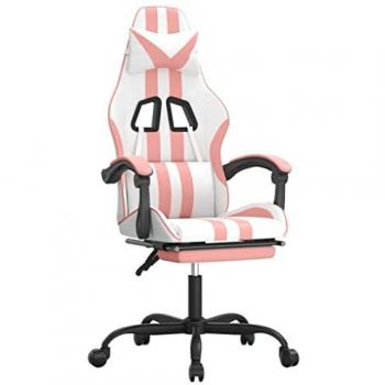 Silla gaming con reposapiés cuero sintético blanco y rosa