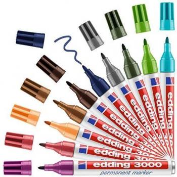 edding 3000 marcador permanente - multicolor - 10 colores - punta redonda 1,5-3mm - indeleble de secado rápido - resistente al agua y a los borrones - cartón plástico madera metal tela - universal